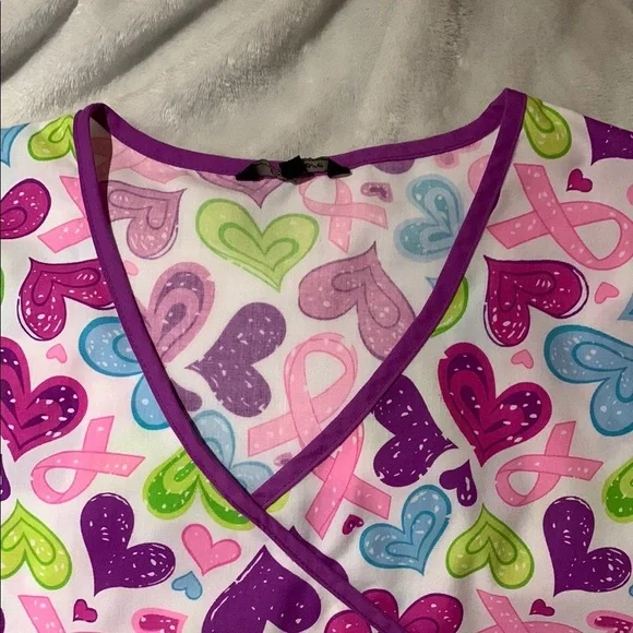 BNWOT Colorful Heart Cancer Rivbon Print Scrub Top by Just Love - Picture 2 of 5